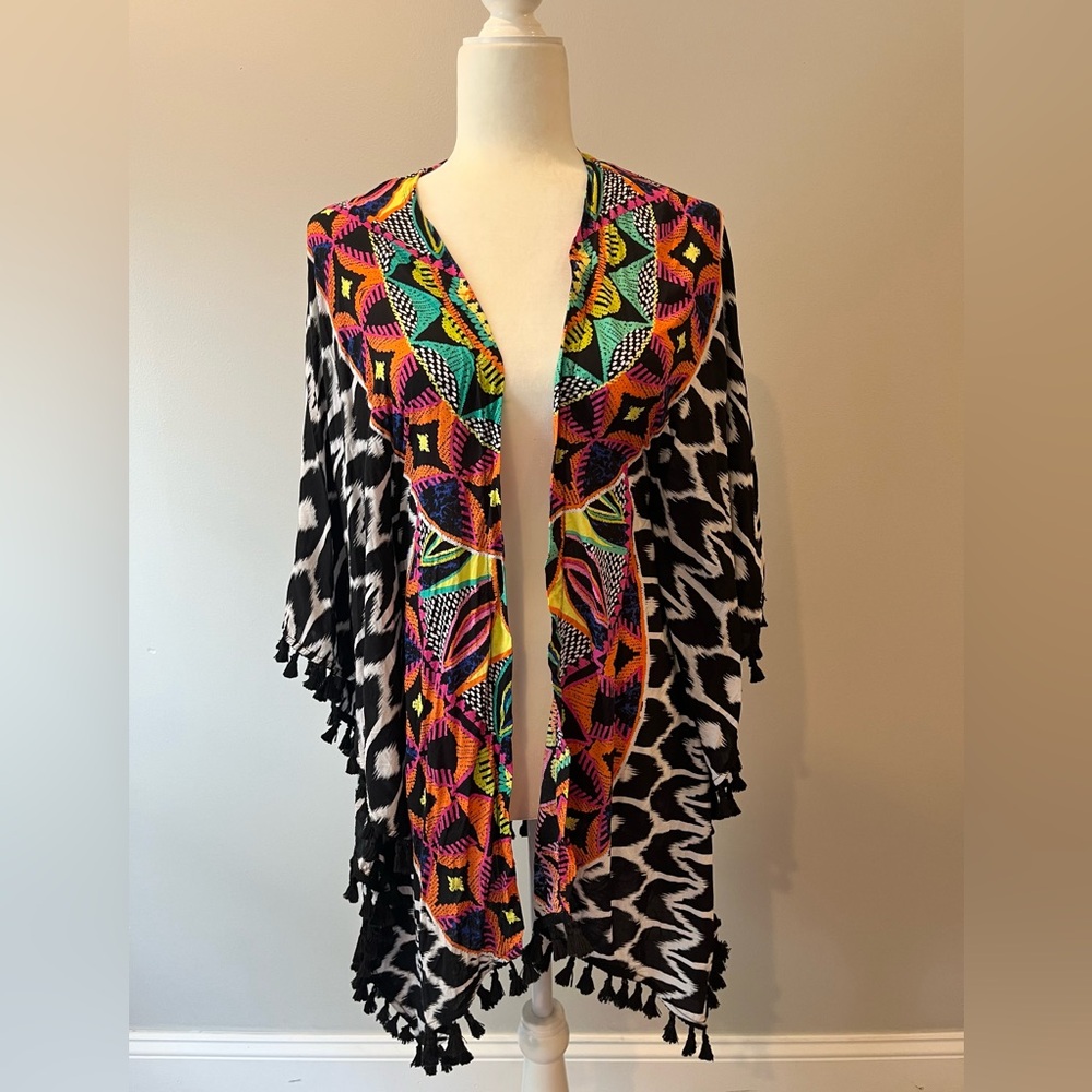 Trina Turk Black Swim Coverup with Neon Multicolor fabric and black tassel trim